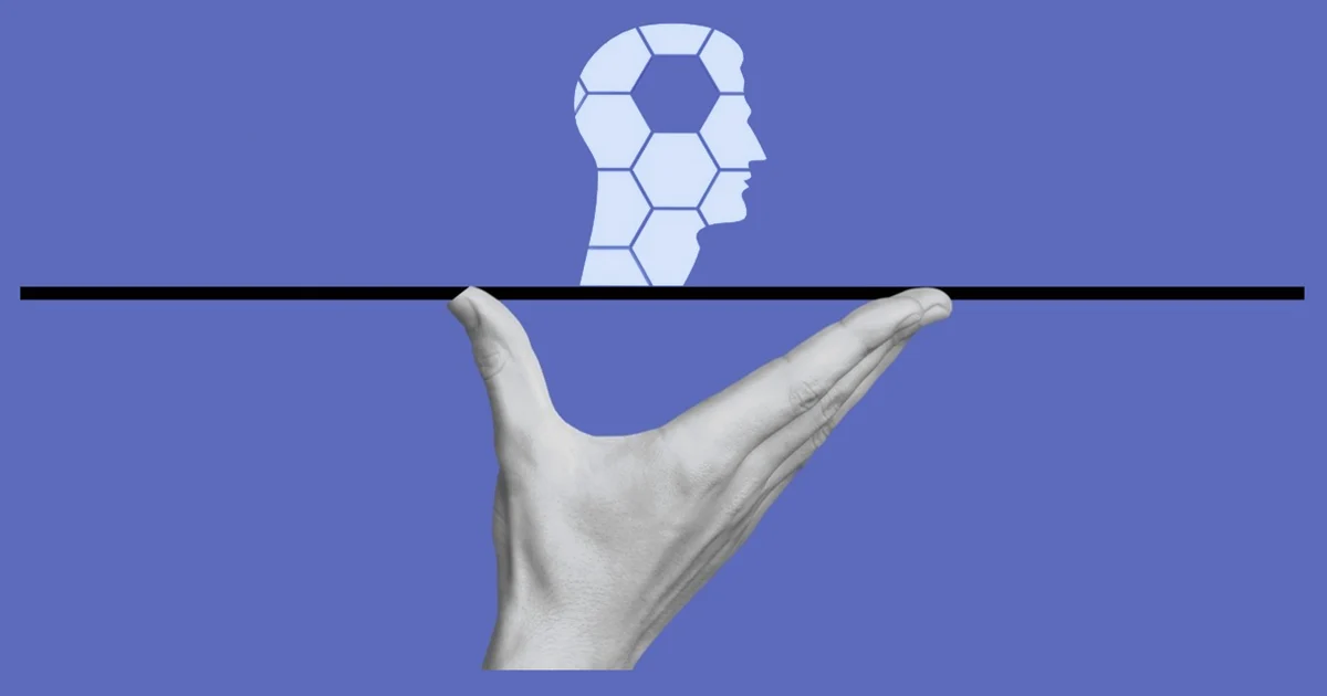 A hand holding up a bar, with a head made of hexagons resting on it.